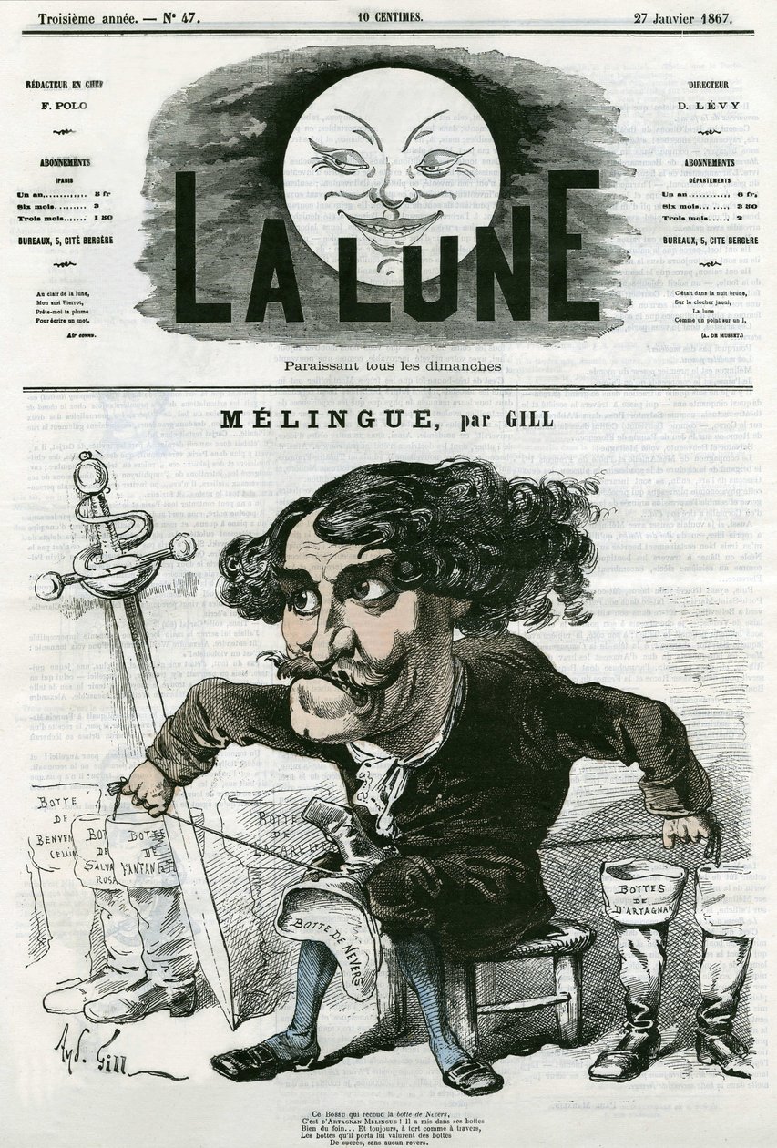 Porträtt av Etienne Marin Melingue (1808-1875), fransk skådespelare och skulptör. Tecknad av Gill, i "La Lune", 27 januari av Andre Gill
