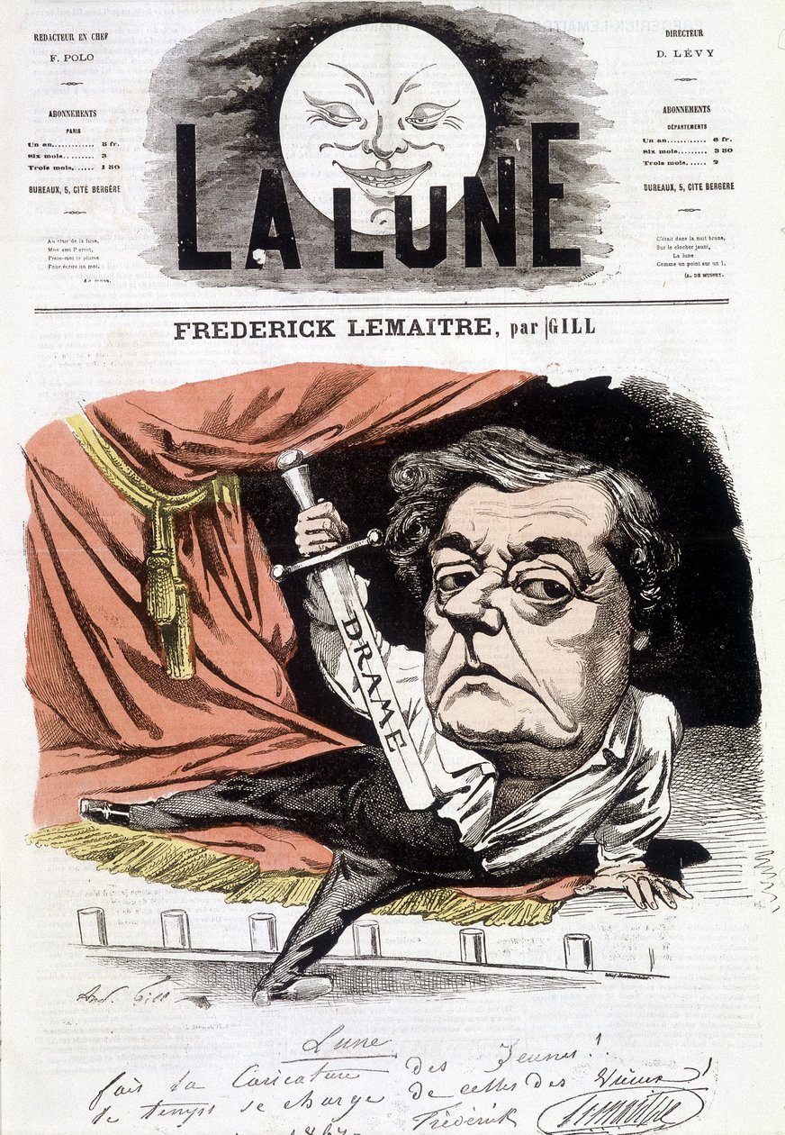 Porträtt av Frédérick Lemaître (1800-1876), fransk dramatiker. Tecknad av Gill i "Månen", 16 juni av Andre Gill