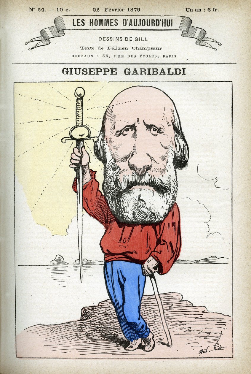 Porträtt av Giuseppe Garibaldi (1807-1882), italiensk politiker. Tecknad av Gill, i "Les Homme Today", Paris av Andre Gill