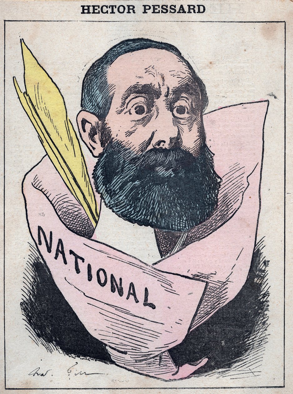 Porträtt av Hector Pessard, fransk journalist och ägare av tidningen "" Le National"" tecknad av Andre Gill, i "" Les Hommes d
