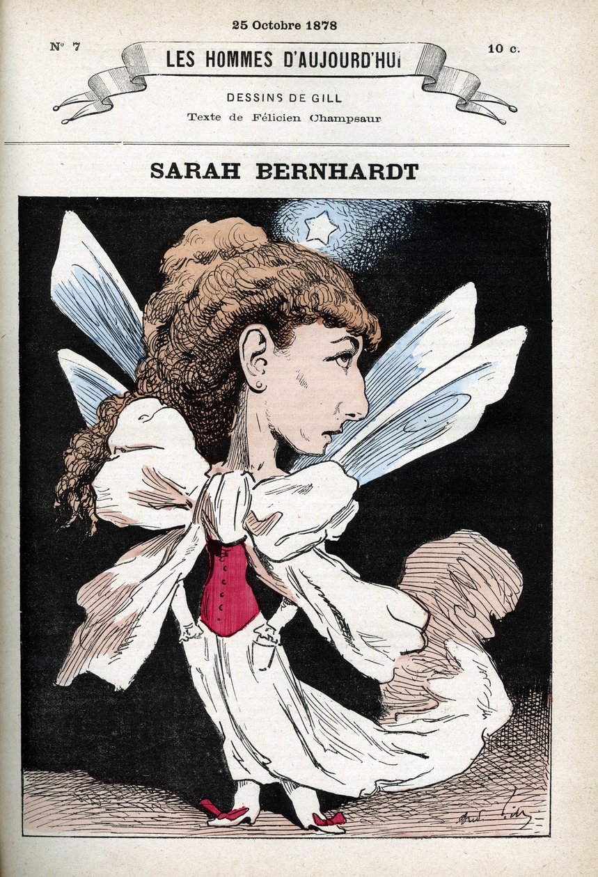 Porträtt av Henriette Rosine Bernard dit Sarah Bernhardt (1844-1923), fransk teaterskådespelerska. Tecknad av Gill, Paris. av Andre Gill