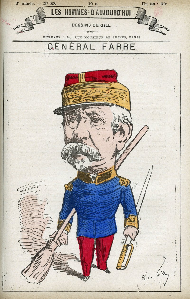 Porträtt av Jean Joseph Frederic Albert Farre (1816-1887), en fransk soldat, han utnämndes till general 1870 och krigsminister. Tecknad av Gill, Paris. av Andre Gill