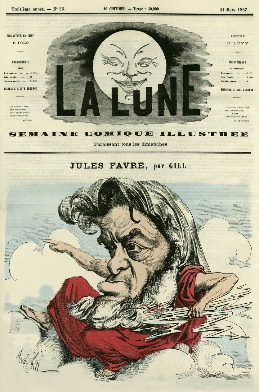 Porträtt av Jules Favre (1809-1880), fransk advokat och politiker. Tecknad av Gill, i "The Moon", 31 mars av Andre Gill