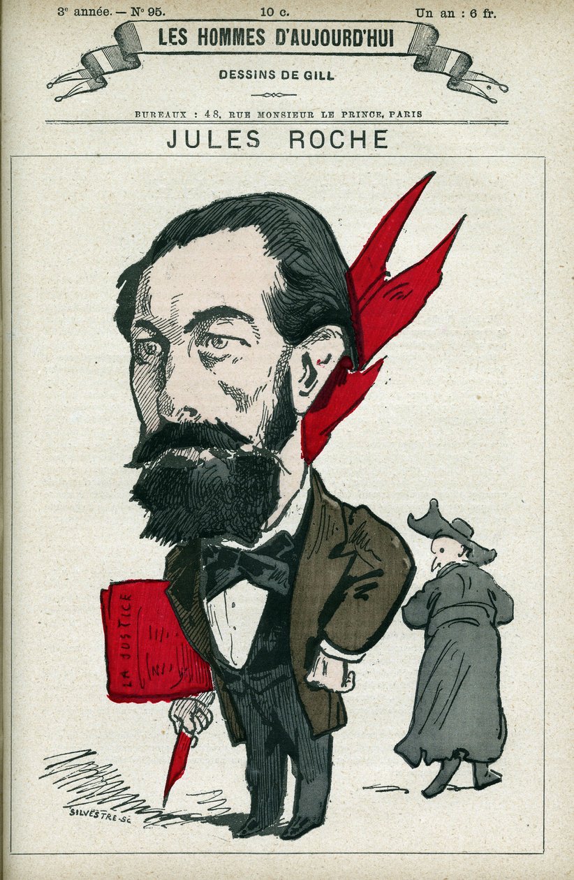 Porträtt av Jules Roche (1841-1923), en fransk politiker, han var deputerad och minister för handel och industri från 1890 till 1892. Tecknad av Gill, Paris. av Andre Gill