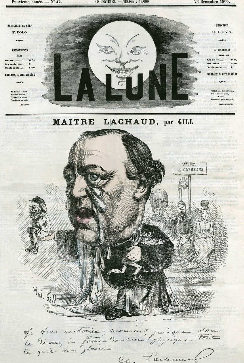 Porträtt av Maitre Charles Lachaud (1817-1882), fransk advokat. Tecknad av Gill, i "" The Moon", 23 december av Andre Gill