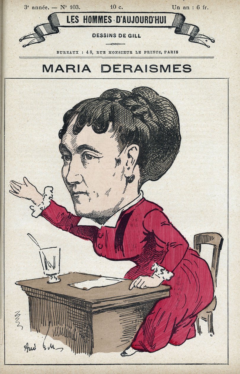 Porträtt av Maria Deraismes (1828-1894), en fransk kvinna av bokstäver och feministisk, grundade hon tillsammans med Leon Richer, Louise Michel och Paule Minck Association pour le droit des femmes 1869. Tecknad av Gill, Paris. av Andre Gill