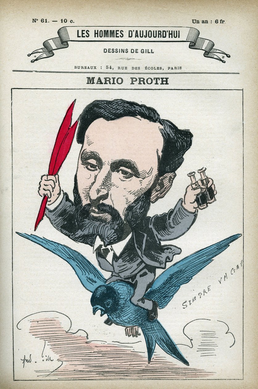 Porträtt av Mario Proth (1832-1891), fransk författare, litteraturkritiker och publicist. Tecknad av Gill, Paris. av Andre Gill