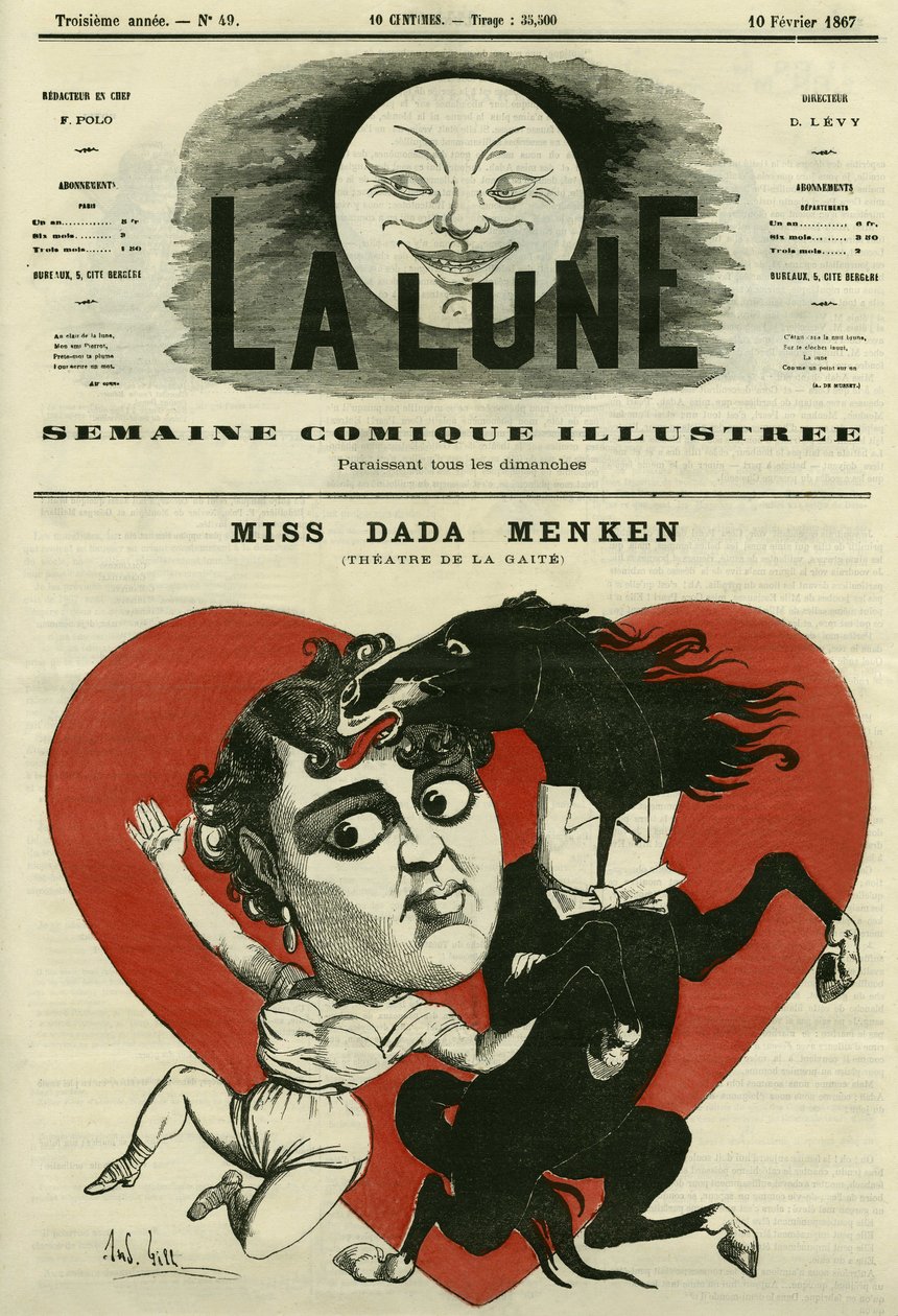 Porträtt av fröken Adah-Isaacs Menken, sångerska på theatre de la Gaite i Paris. Tecknad av Gill, i "The Moon", 10 februari av Andre Gill