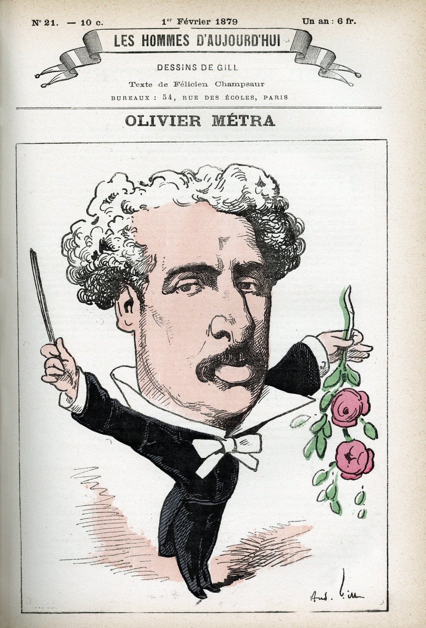 Porträtt av Olivier Metra (1830-1889), fransk skådespelare, populär kompositör. Tecknad av Gill, i "Les Homme d