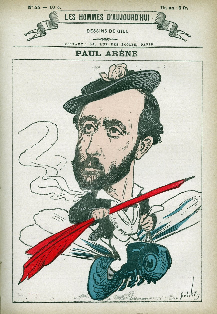 Porträtt av Paul Arene (1843-1896), fransk poet och författare. Tecknad av Gill, Paris. av Andre Gill