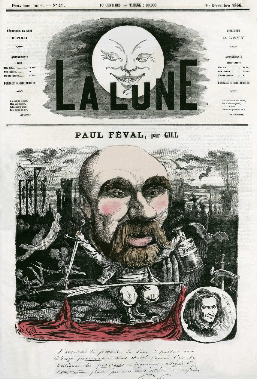 Porträtt av Paul Feval (1816-1887), fransk författare. Tecknad av Gill, i "La Lune", 16 december av Andre Gill