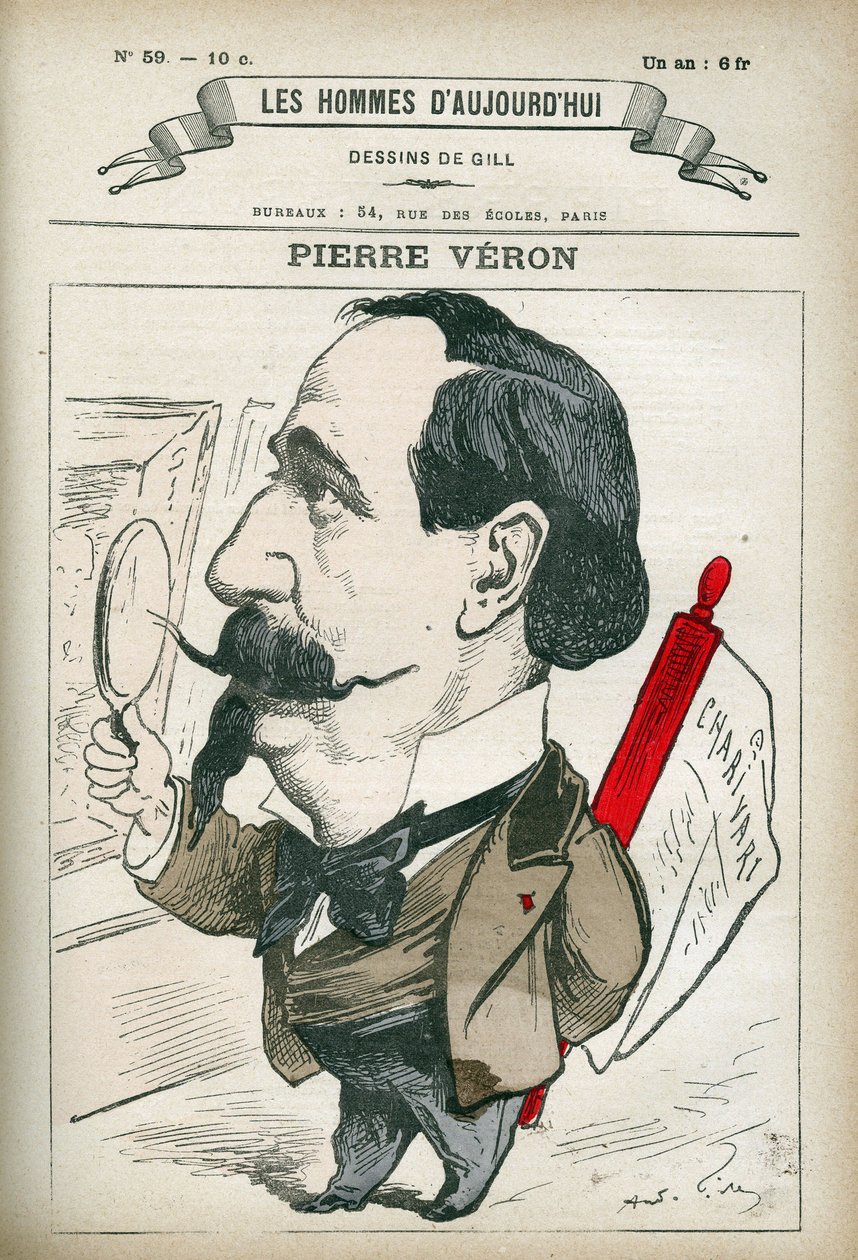 Porträtt av Pierre Veron (1831-1900), fransk författare och poet. Karikatyr av Gill, Paris. av Andre Gill