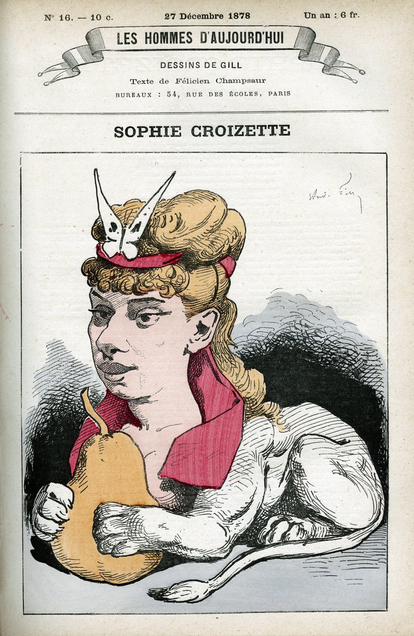 Porträtt av Sophie Croizette, fransk teaterskådespelerska. Karikatyr av Gill, Paris. av Andre Gill