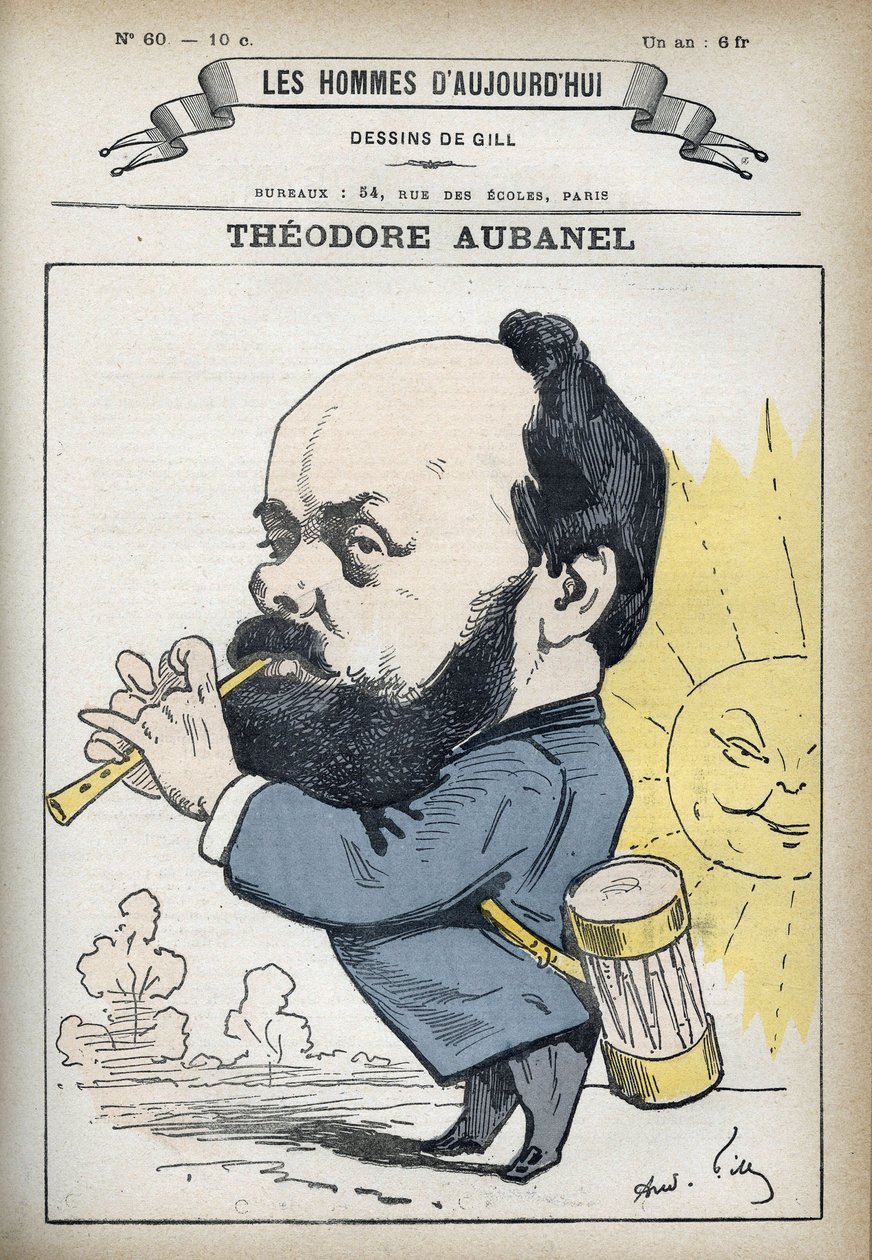 Porträtt av Theodore Aubanel (1829-1886), fransk tryckare och provensalsk poet. Tecknad av Gill, Paris. av Andre Gill