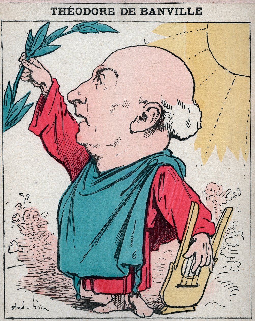 Porträtt av Theodore de Banville (1823-1891), fransk poet - tecknad av Andre Gill i "Les Hommes d
