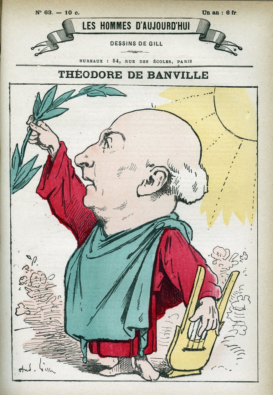 Porträtt av Theodore de Banville (1823-1891), en fransk poet, och en av ledarna för den parnassianska skolan. Tecknad av Gill, Paris. av Andre Gill