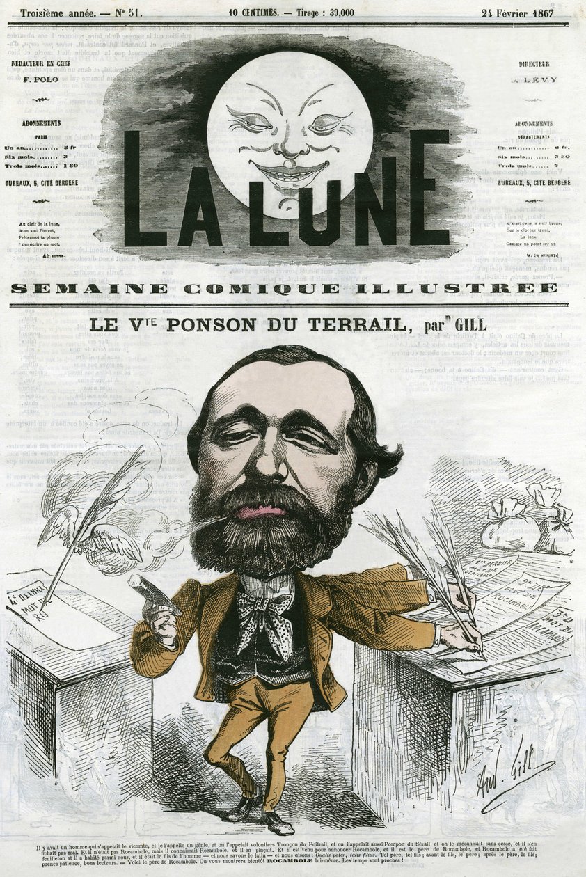 Porträtt av Viconte Ponson du Terrail (1829-1871), fransk populär författare, författare till en såpopera. Tecknad av Gill, i "The Moon", 24 februari av Andre Gill