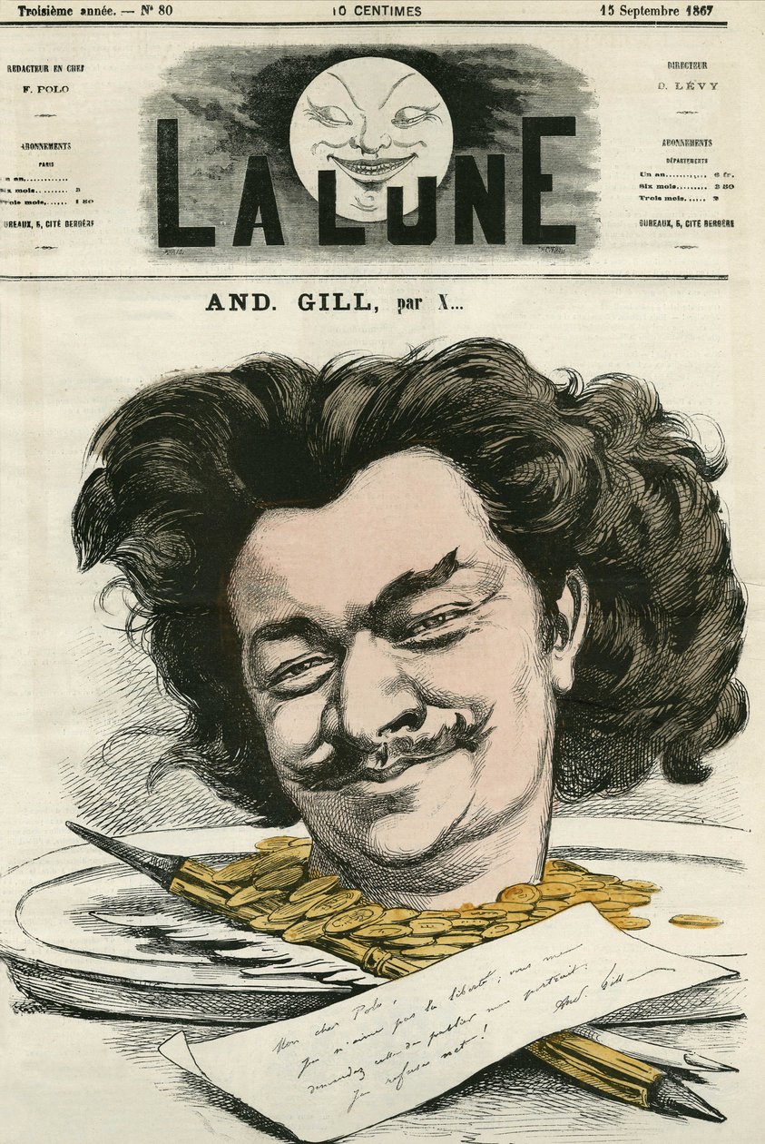 Självporträtt av Louis-Alexandre Gosset de Guines dit Andre Gill (1840-1885), fransk serietecknare och serietecknare. Tecknad av Gill, i "Månen", 15 september av Andre Gill