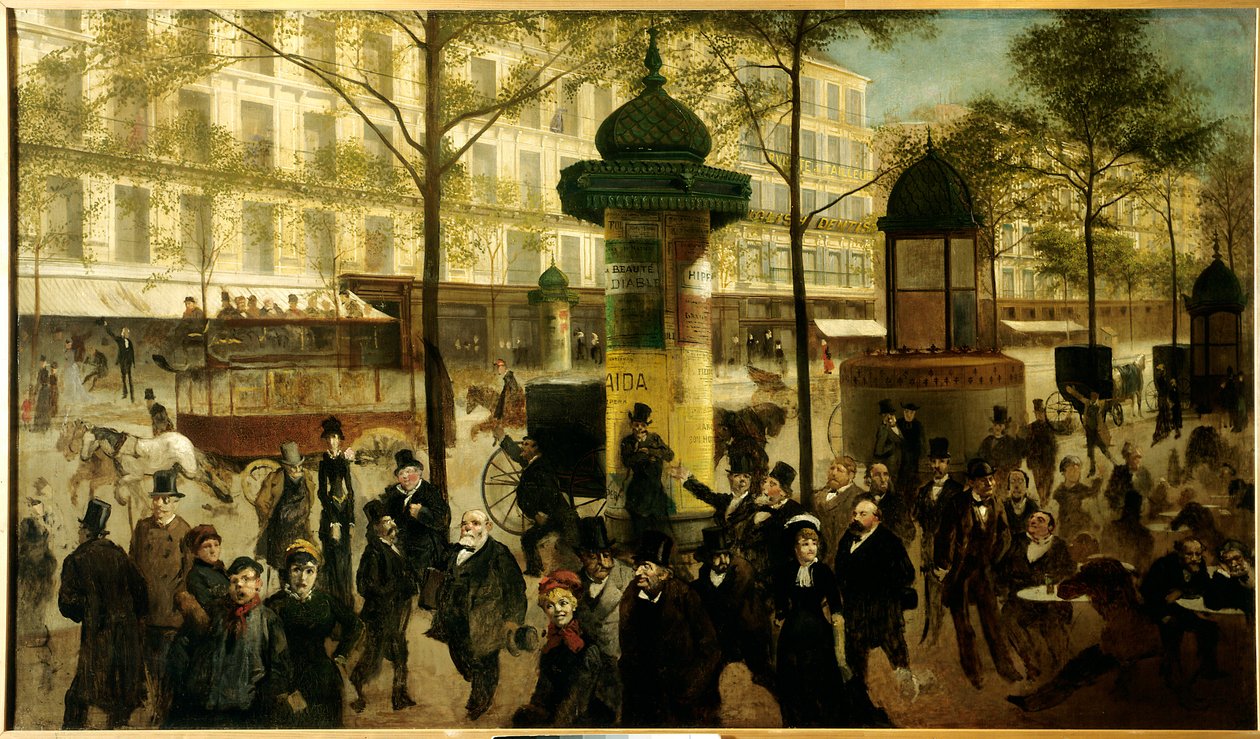 Skissa för ett panorama över Boulevard Montmartre animerar samtida parisiska personligheter av Andre Gill