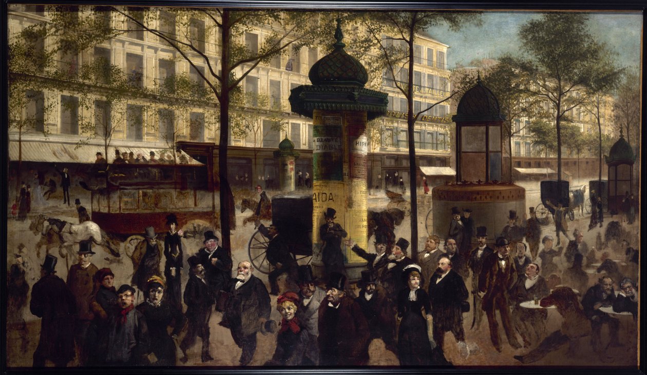 Skiss till ett panorama över Boulevard Montmartre med samtida parisiska personligheter, ca 1880 (olja på duk) av Andre Gill