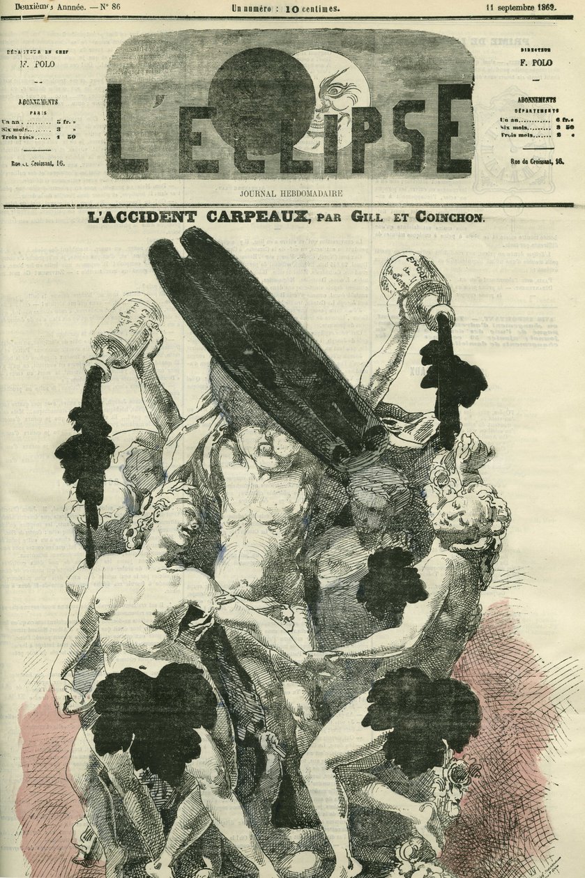 Carpeaux-olyckan, illustration av "" La Danse"" av Jean-Baptiste (Jean Baptiste) Carpeaux, en skulptur för Opera Garnier som kritiserades starkt till den grad att en flaska bläck kastades på den. Omslag i "" L