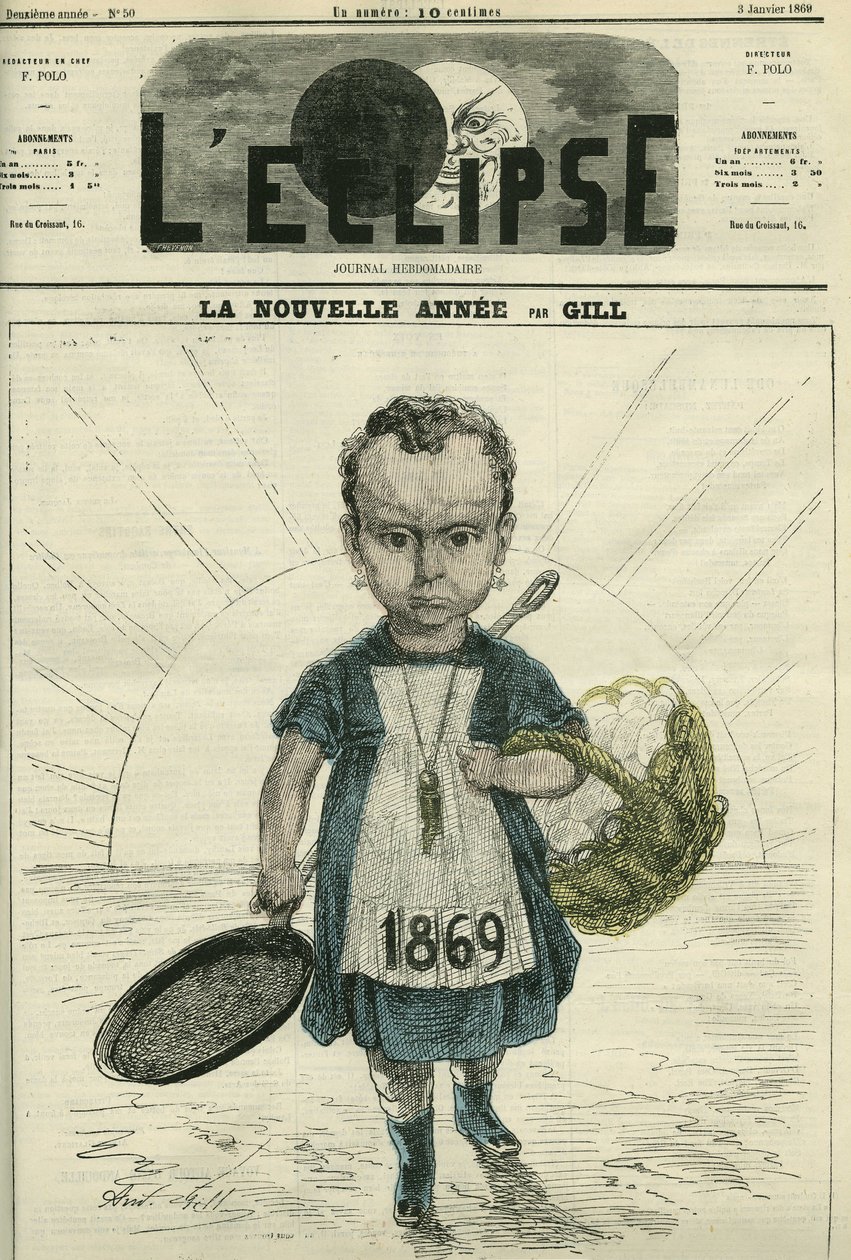 Det nya året, illustration av en liten flicka som håller en spis och en korg med ägg. Omslag i "" L