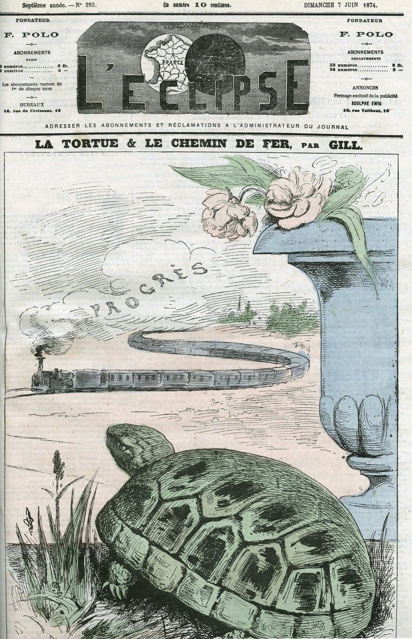 Sköldpaddan och järnvägen, en illustration av järnvägarnas tekniska framsteg. Omslag i "" L