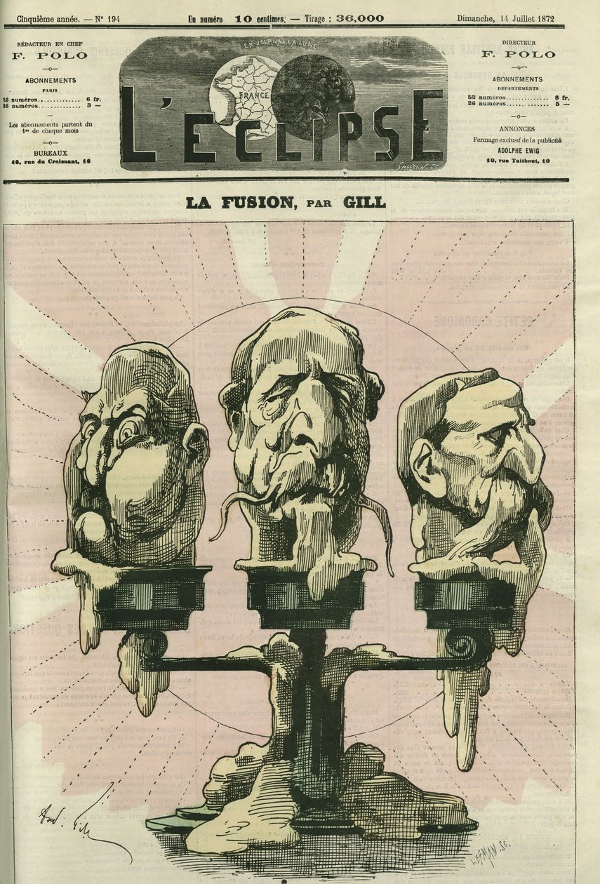Fusionen, en illustration av konstitutionen av församlingen, med rojalister, bonapartister och republikaner. Omslag i "" L