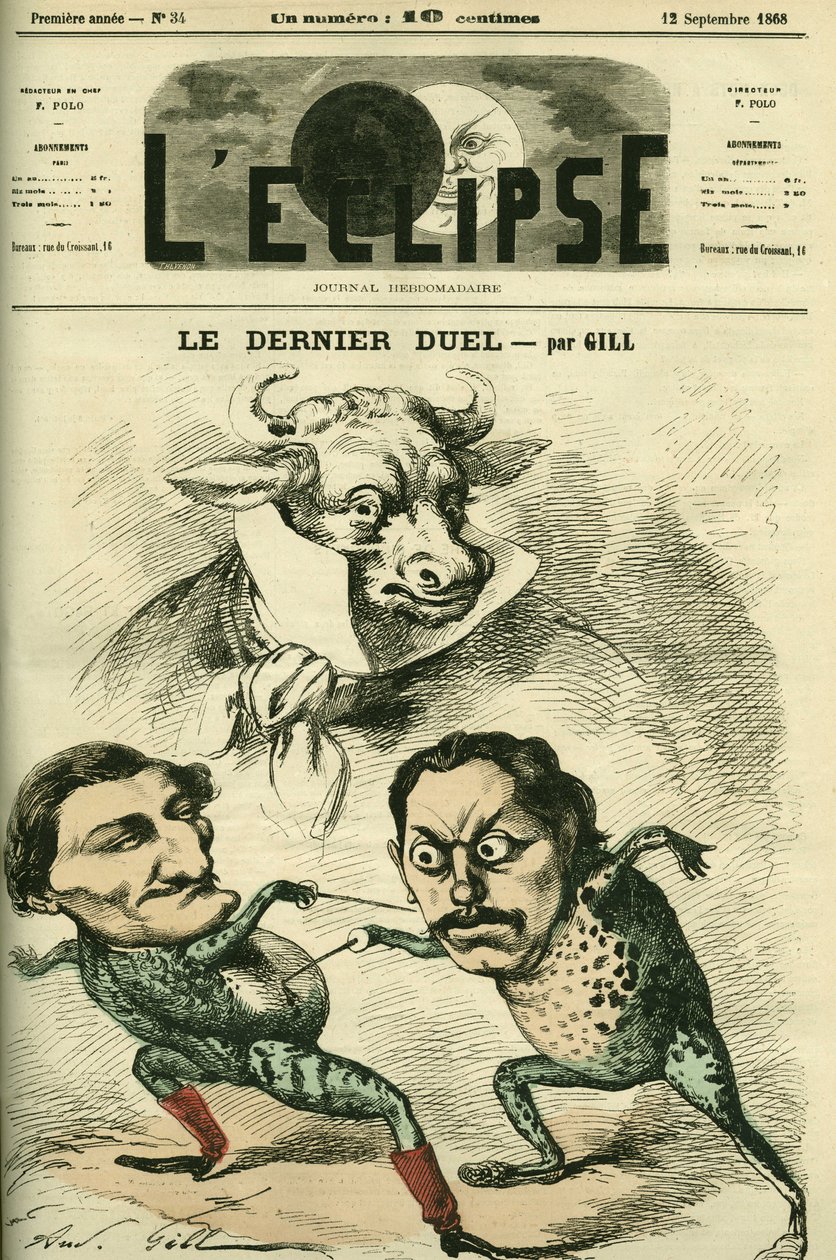 Den sista duellen, Prospero-Olivier-grodor (Prosper Olivier) Lissagaray (1838-1901) och Paul Granier de Cassagnac (1842-1904) som ville bli stora som nötkött, representerande Alfred de Musset och Victor Hugo. Omslag i "" L