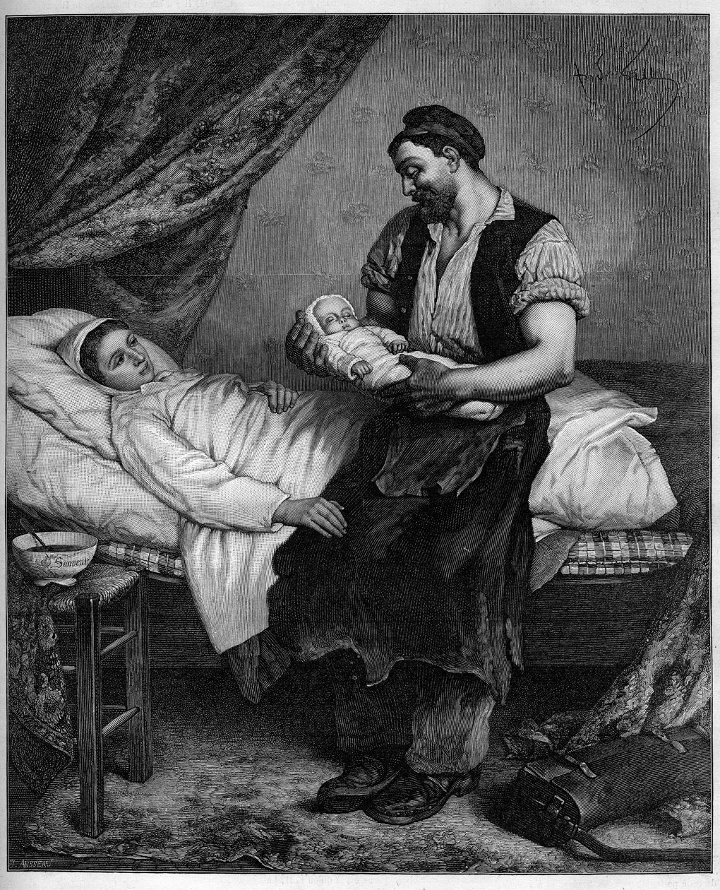 Den nya (nyfödda). Gravyr efter målningen av Andre Gill (1840-1885) i ""The Illustrous World"" nr 1283 den 29 oktober av Andre Gill