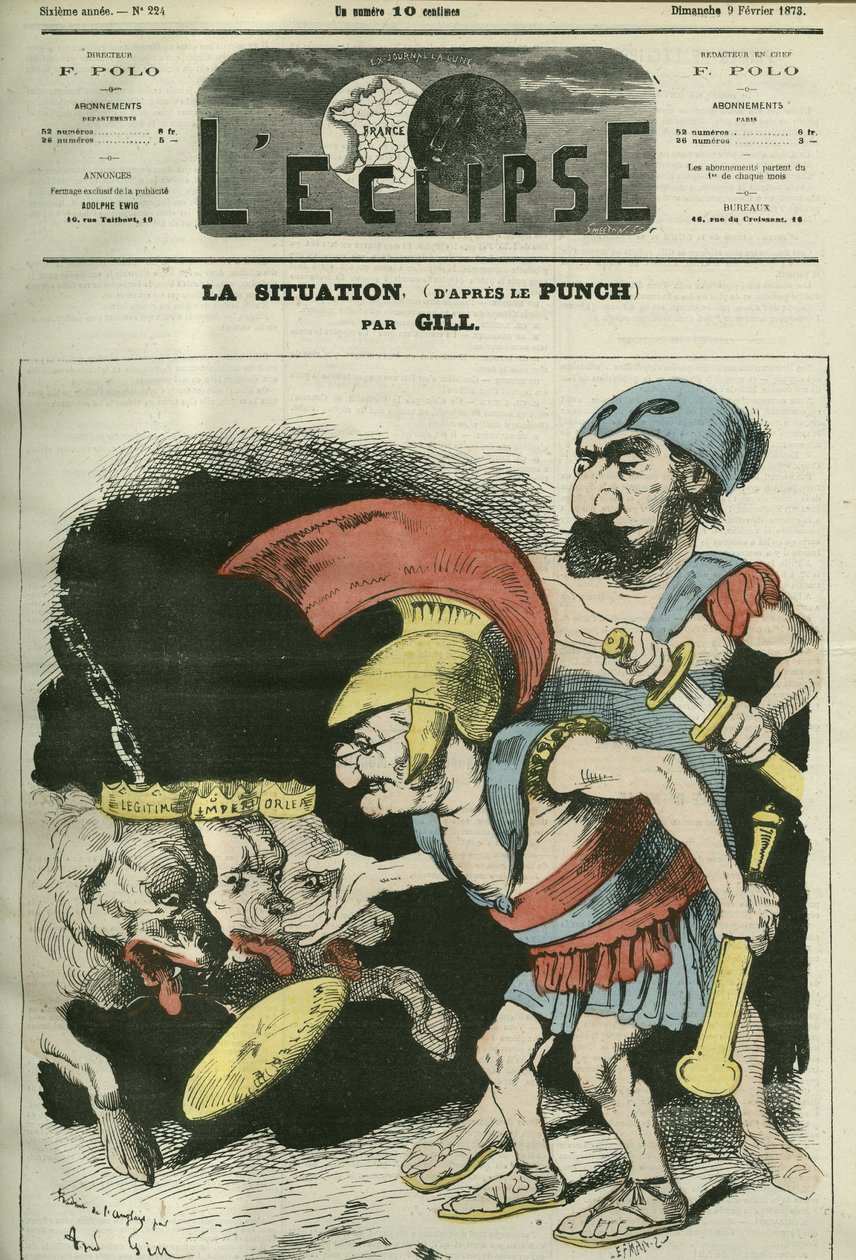 Situationen, tecknad av Adolphe Thiers (1797-1877) och Leon Gambetta (1838-1882) som ger en tjänst till rojalistiska och bonapartistiska hundar. Omslag i "" L
