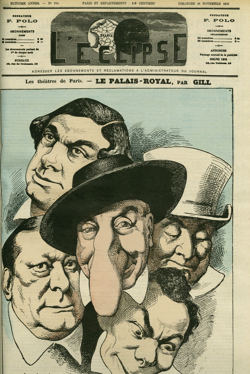 Teatern "" Le Palais royal"" med Geoffroy, Jules Brasseur (1829-1890), Hyacinthe, Lassouche och Lheritier, franska skådespelare. Omslag i "" L
