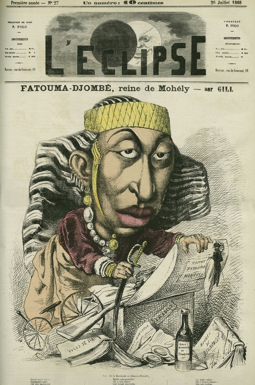 Zombe-Fatoum (Zombe-Fatoum) (1836-1878), drottning av Moheli på Komorerna, besöker Frankrike i -Fatima). Omslag i "The Eclipse"" av Gill, juli av Andre Gill