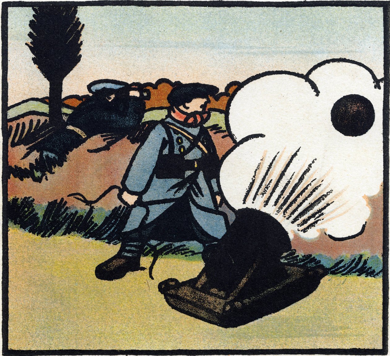 Första världskriget 1914-1918 (14-18): Bombkastare. En fransk soldat skickar bomber mot fienden med en kanon. Gravyr i "Alfabetet från det stora kriget 1914-1916 (för våra soldaters barn)". Editions Berger-Levrault av Andre Helle