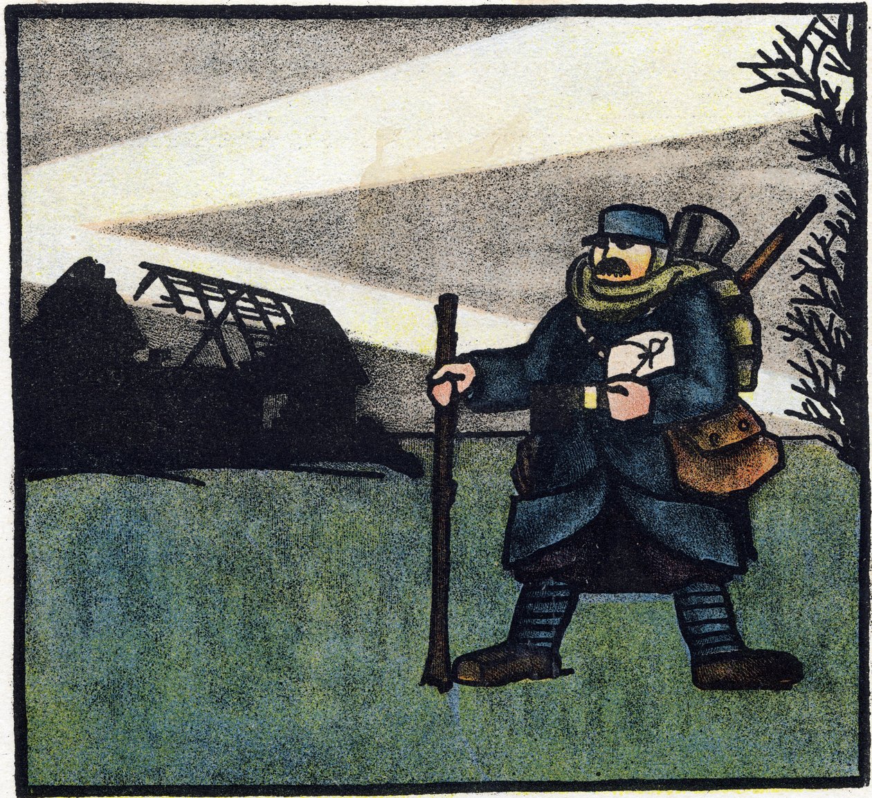 Första världskriget 1914-1918 (14-18): Hårig. Porträtt av fransk armésoldat i militäruniform med ryggsäck, väska och gevär. Gravyr i "Alfabetet från första världskriget 1914-1916 (för våra soldaters barn)". Utgåvorna Berger-Levrault av Andre Helle