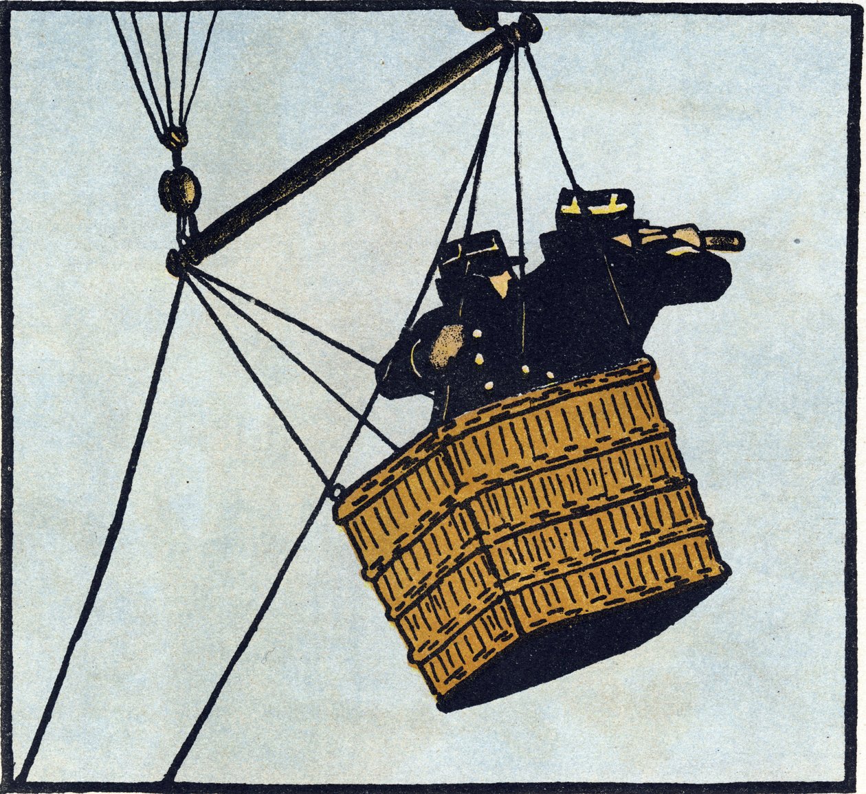 Första världskriget 1914-1918 (14-18): Observatörer (observationspost) från franska armén i en fångenskapsballong försöker upptäcka fienden. Gravyr i "Alfabetet från det stora kriget 1914-1916 (för våra soldaters barn)". Utgåvor Berger-Levrault av Andre Helle