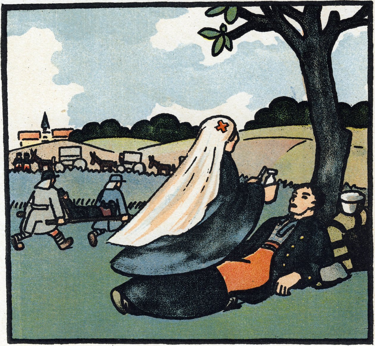 Första världskriget 1914-1918 (14-18): Röda Korsets sjuksköterska kommer för att vårda soldater ända bort till slagfälten. Gravyr i "Alfabetet från det stora kriget 1914-1916 (för våra soldaters barn)". Editions Berger-Levrault av Andre Helle