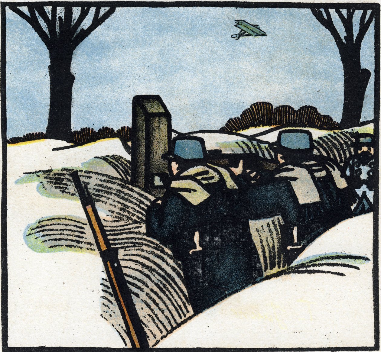 Första världskriget 1914-1918 (14-18): Soldater ur den franska armén i en skyttegrav (håriga). Gravyr i "Alfabetet från det stora kriget 1914-1916 (för våra soldaters barn)". Editions Berger-Levrault av Andre Helle