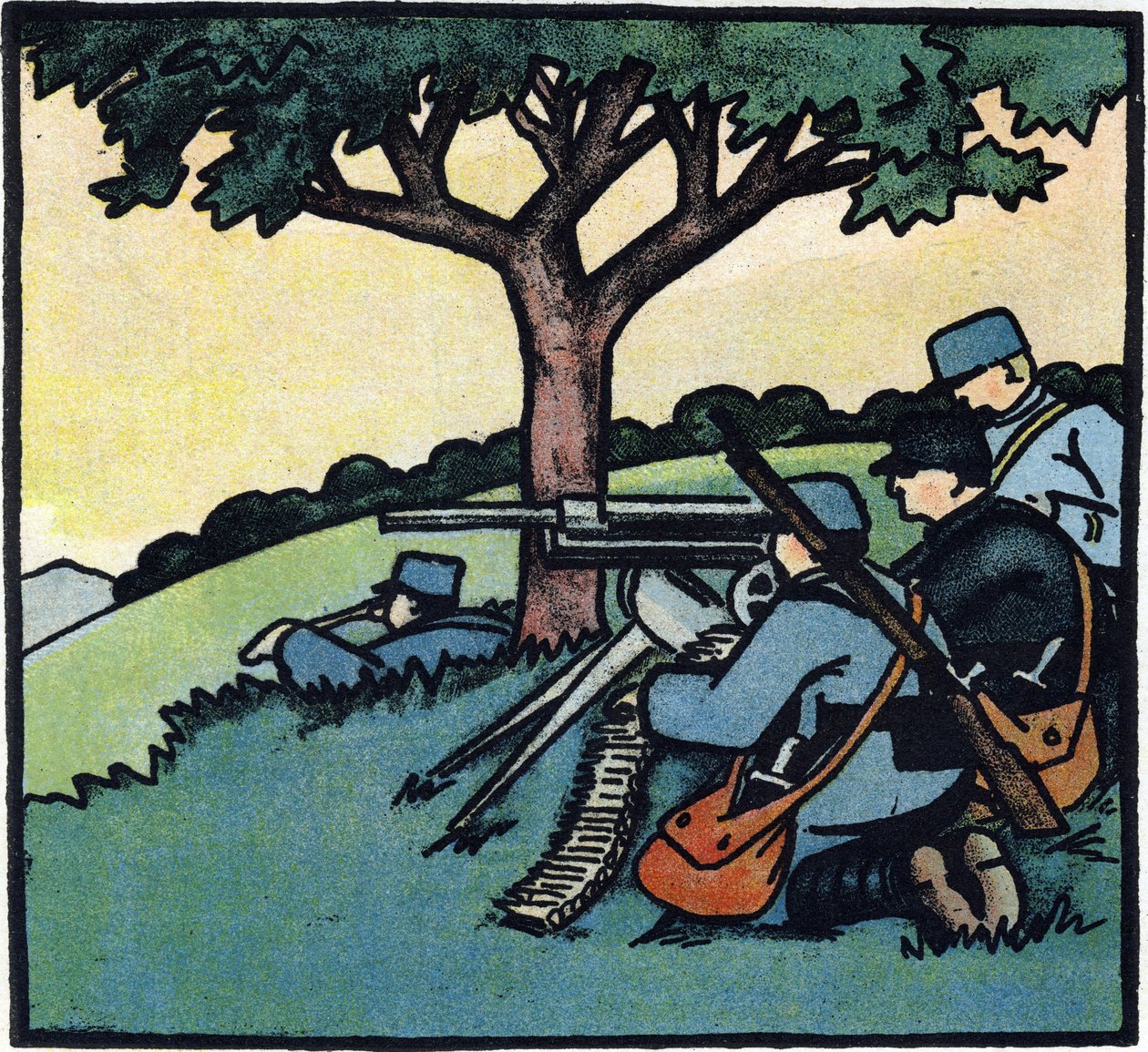 Första världskriget 1914-1918 (14-18): Soldater ur den franska armén använder maskingevär på slagfältet. Gravyr i "Alfabetet från det stora kriget 1914-1916 (för våra soldaters barn)". Utgåvor Berger-Levrault av Andre Helle