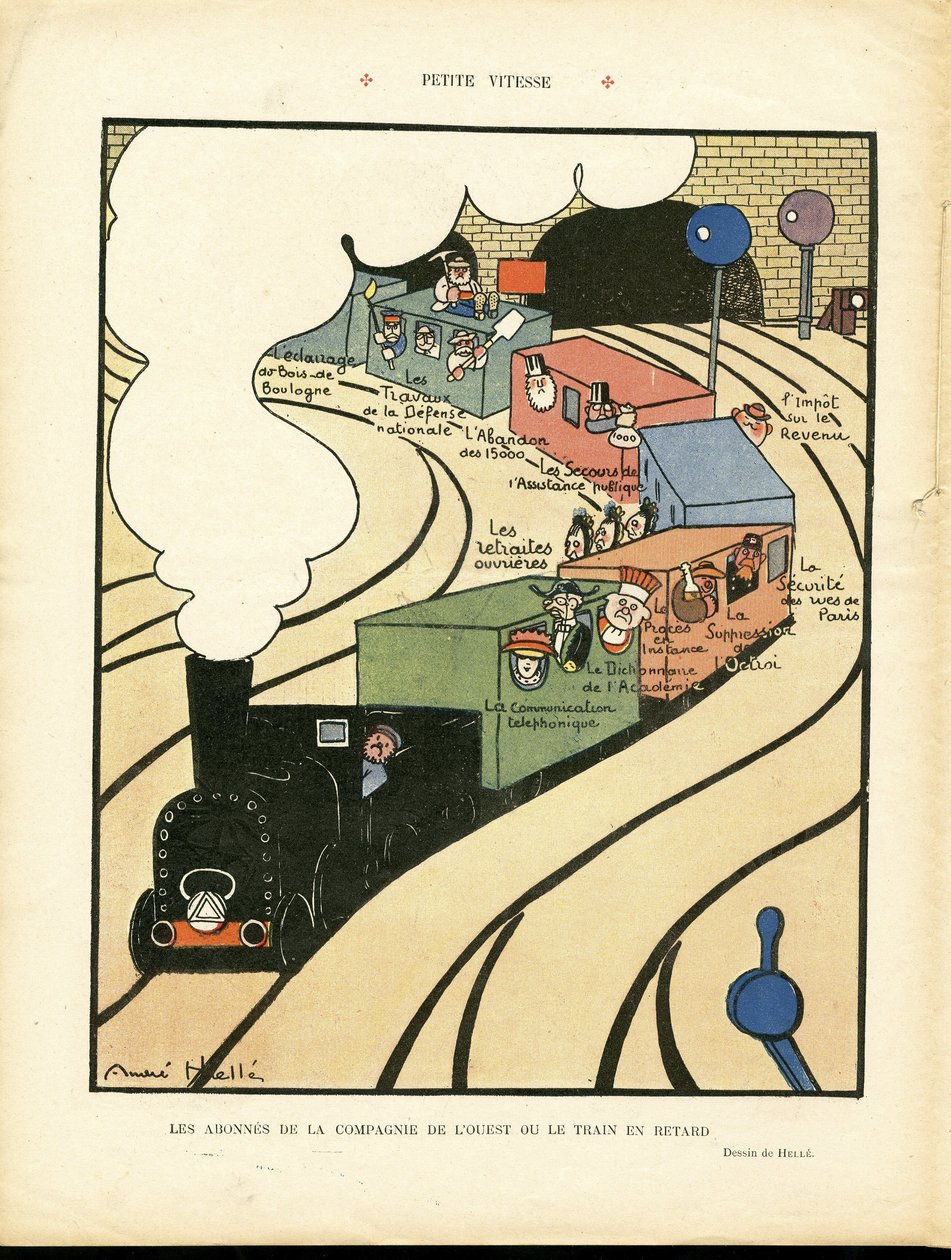 Illustration av Andre Helle (1875-1945) i Le Rire, 25/01/08 - Liten hastighet - Transport, Tåg Järnväg Järnväg, Western Company av Andre Helle