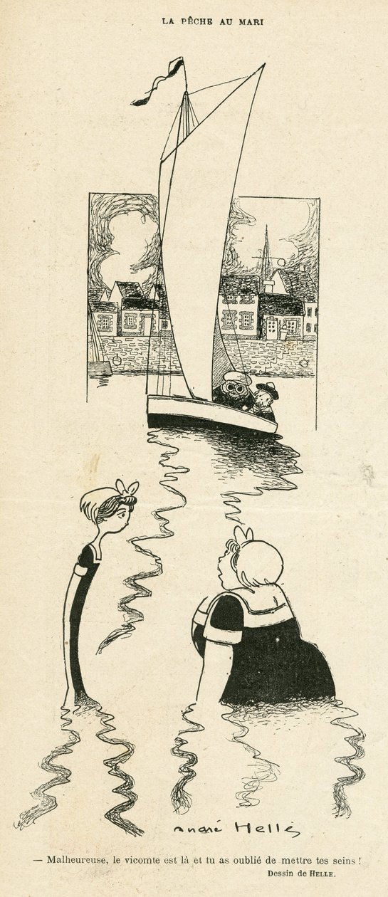 Illustration av Andre Helle (1875-1945) i Le Rire, 03/09/10 - La peche au Mari - Fritid, Kärlek, Sjöfart Marine Marine Seaside, Obeite, Yachting av Andre Helle