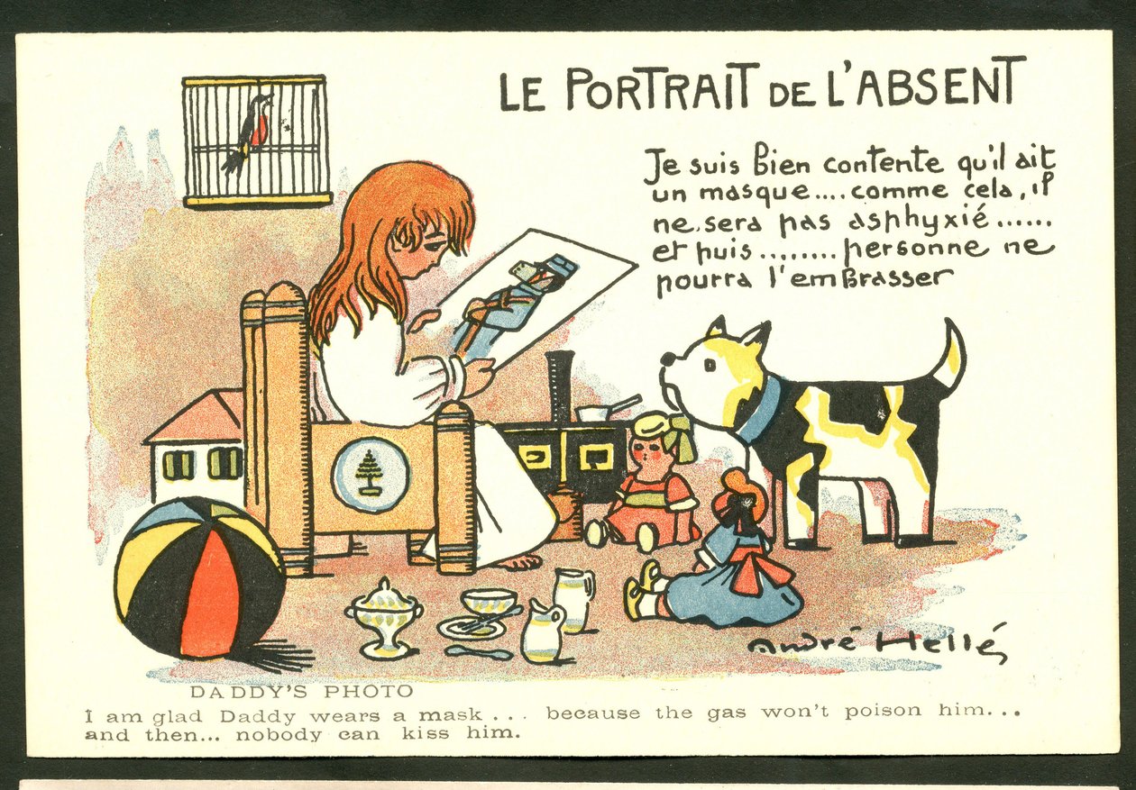Vykort, färg Satirisk: Porträttet av den frånvarande - Kriget 14-18, barndomsillustration av Andre Helle (1875-1945) av Andre Helle