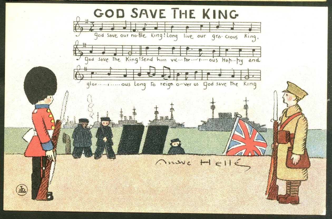 Vykort, satirisk i färger: God save de king - Kriget 14-18, England Storbritannien, Sång - Soldater Illustration av Andre Helle (1875-1945) av Andre Helle