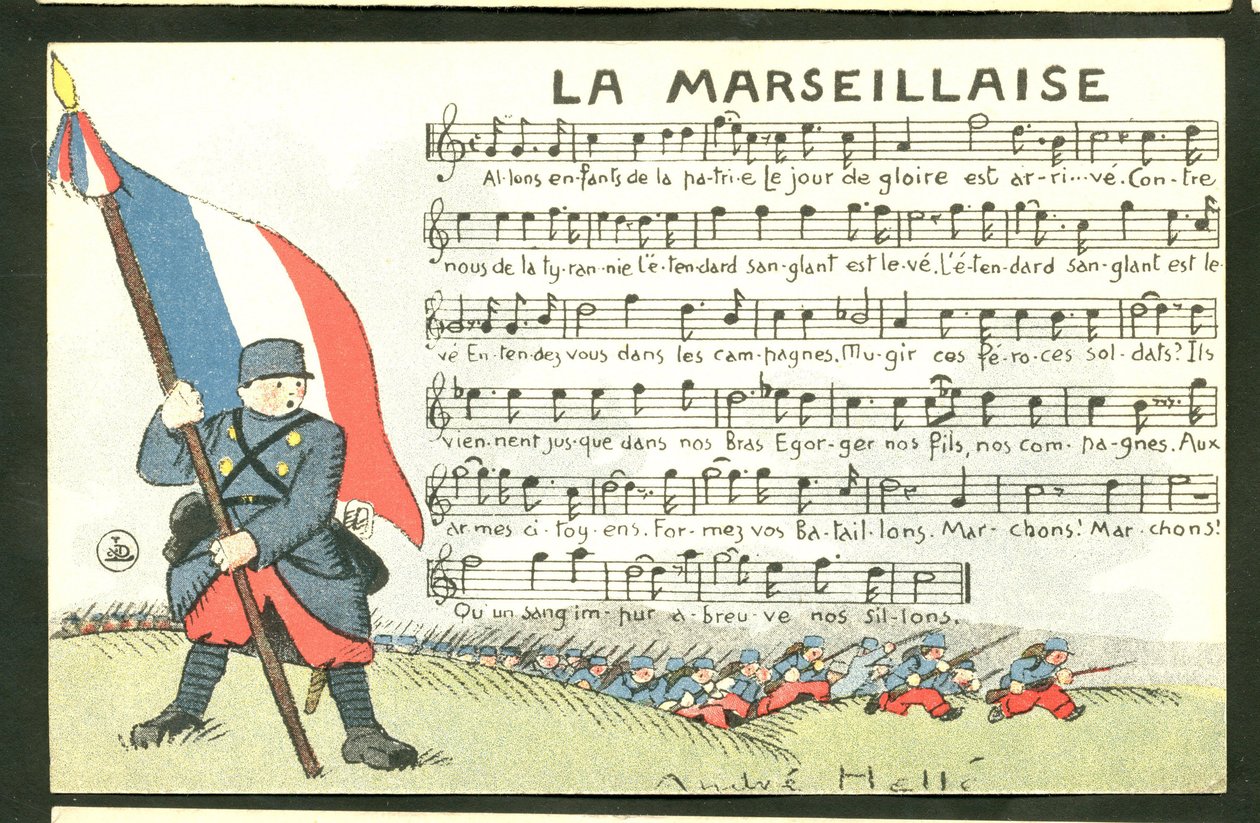 Vykort, satirisk i färger: La Marseillaise - Kriget 14-18, Marseillaise, sjungande Illustration av Andre Helle (1875-1945) av Andre Helle