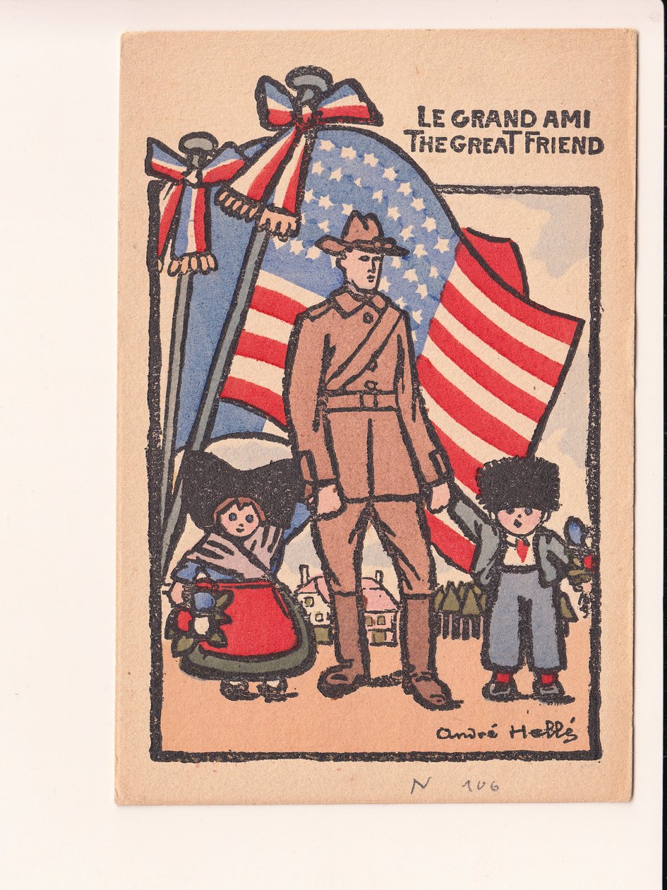Vykort, satirisk i färger: Le grand ami den store vännen - Kriget 14-18, Amerika, Alsace Lorraine Illustration av Andre Helle (1875-1945) av Andre Helle