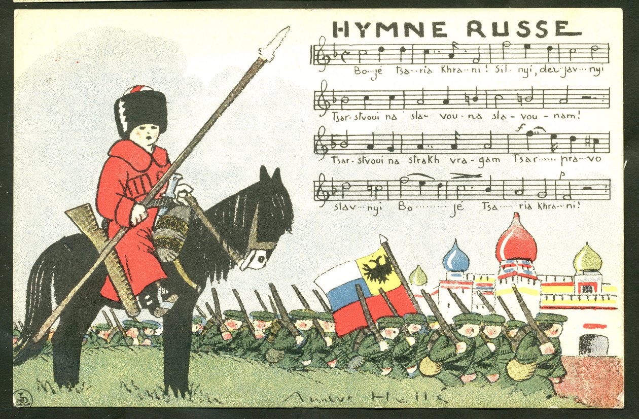 Vykort, satiriskt i färger: Ryska hymnen - Kriget 14-18, Ryssland, sjunger - Soldater Illustration av Andre Helle (1875-1945) av Andre Helle
