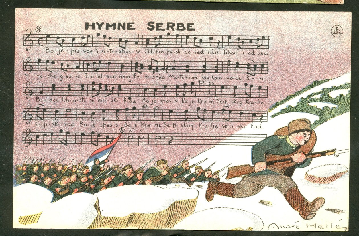 Vykort, satiriskt i färger: Serbiska hymnen - kriget 14-18, sång, Serbien - soldater Illustration av Andre Helle (1875-1945) av Andre Helle