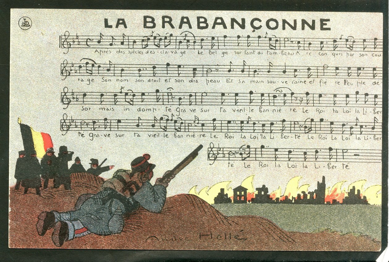 Vykort, satiriskt i färger, ca 1915: La brabanconne - Kriget 14-18, Belgien, Chant - Soldater Illustration av Andre Helle (1875-1945) av Andre Helle