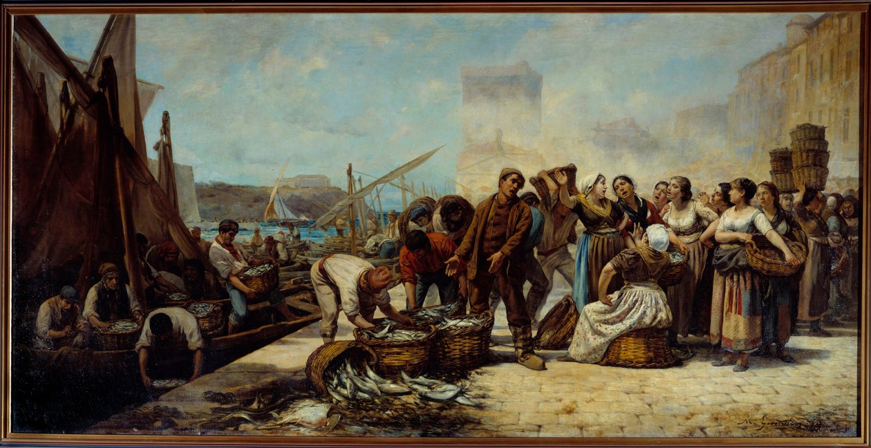 Fiskarnas ankomst till Quai Saint Jean i Marseille Målning av Andre Marius Guindon (1830-?) 1800-talets Marseille, Museum of Fine Arts av Andre Marius Guindon
