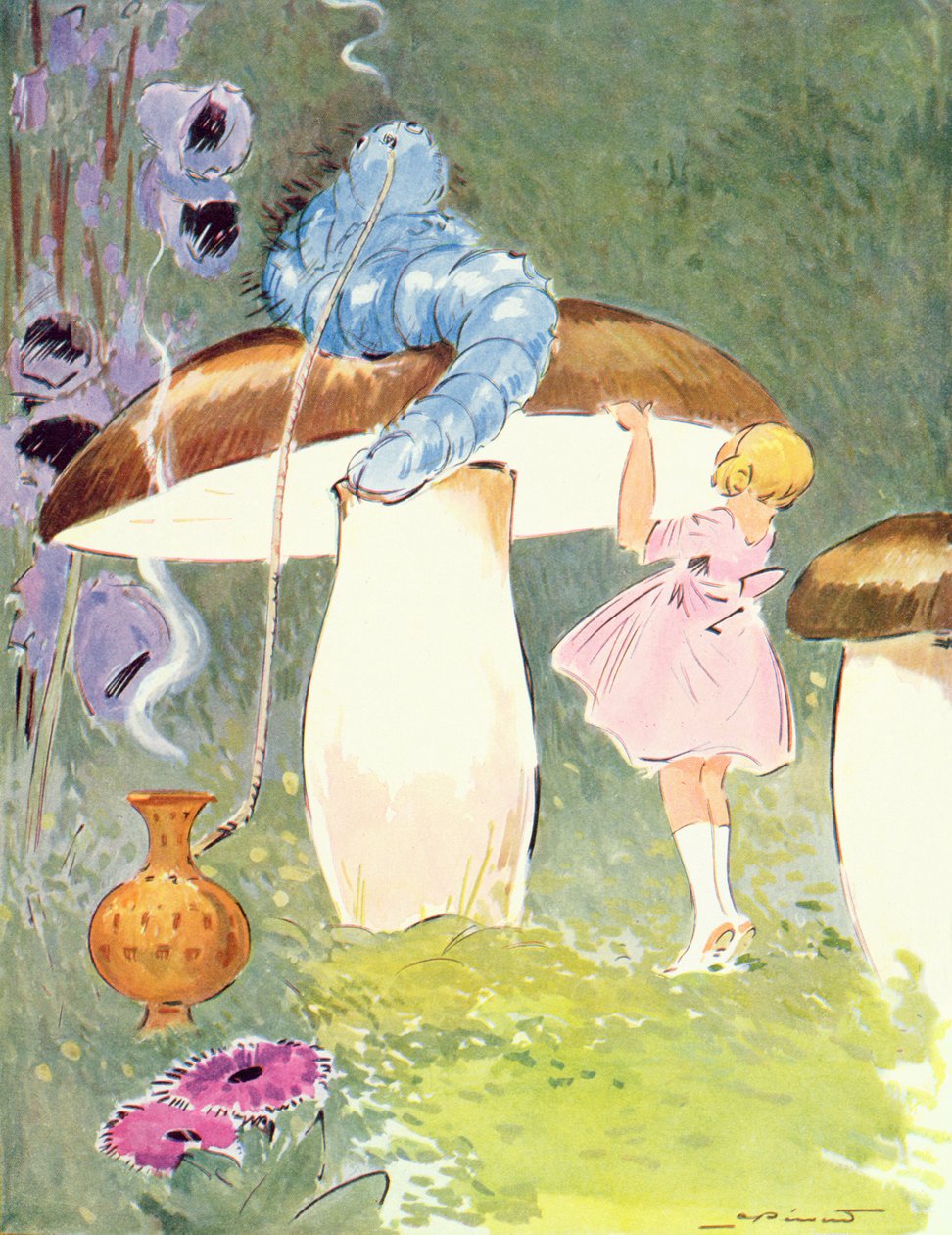 Alice and the Caterpillar, illustration från "Alice i Underlandet", utgiven av Editions Delagrave, Paris. 1935 (lito i färg) av Andre Pecoud
